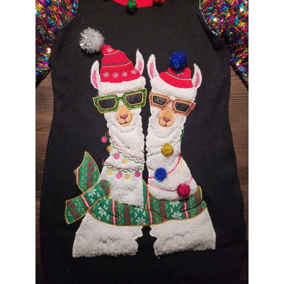 33 Degrees Festive Llama Sequins Tunic Pom Pom Ugly Christmas Sweater Small - Picture 3 of 8